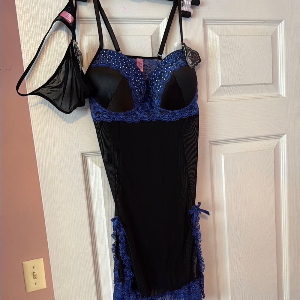 YMI Black and Blue Lace Chemise